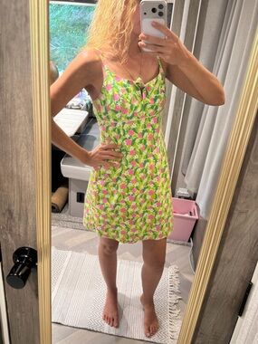 Vintage Lilly Pulitzer Cotton Floral Tie Mini Summer Dress Pink & Lime Green